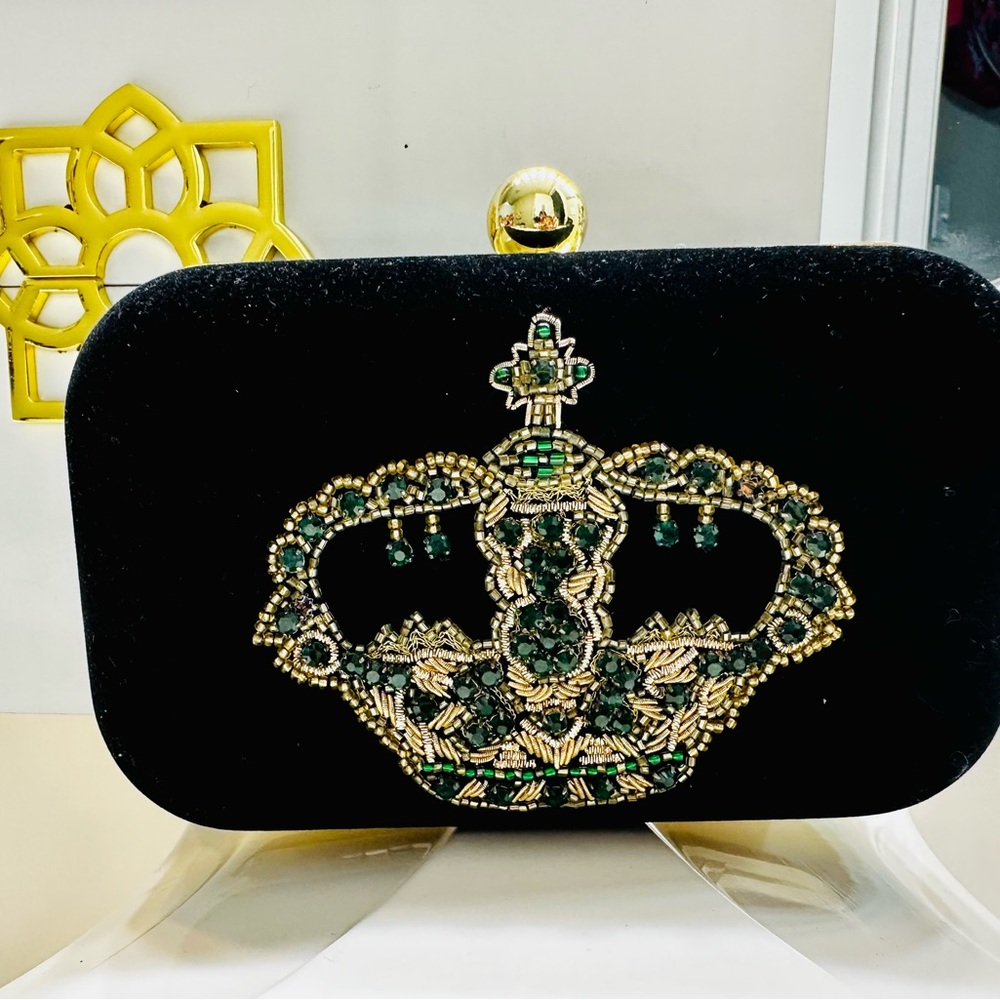 The Met & St Xavier Black and Gold Beaded Velvet  Regal Crown Clutch